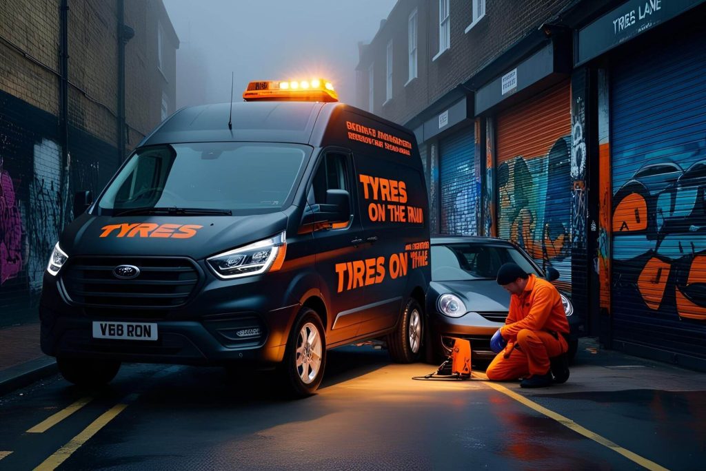 Our black 'Tyres On The Run' Transit van responds to a 3AM Porsche tyre emergency on Brick Lane. Fast, professional roadside assistance across London.